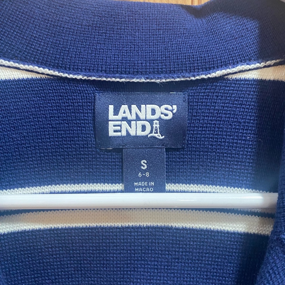 Lands' End Navy and White Striped Knit Cardigan with Pockets - Picture 3 of 4